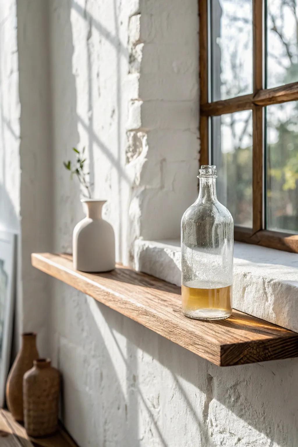 A sunlit glass bottle on a high oak shelf—simple, collected, and full of soft sparkle.