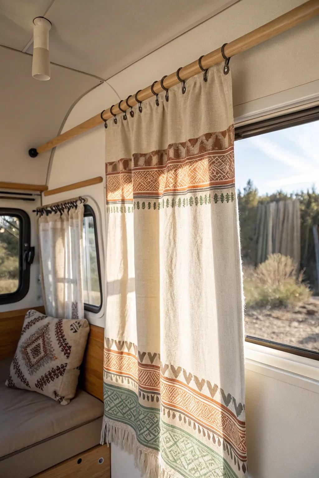 A handwoven tapestry curtain adds boho color and cozy privacy—easy to swap with the seasons.