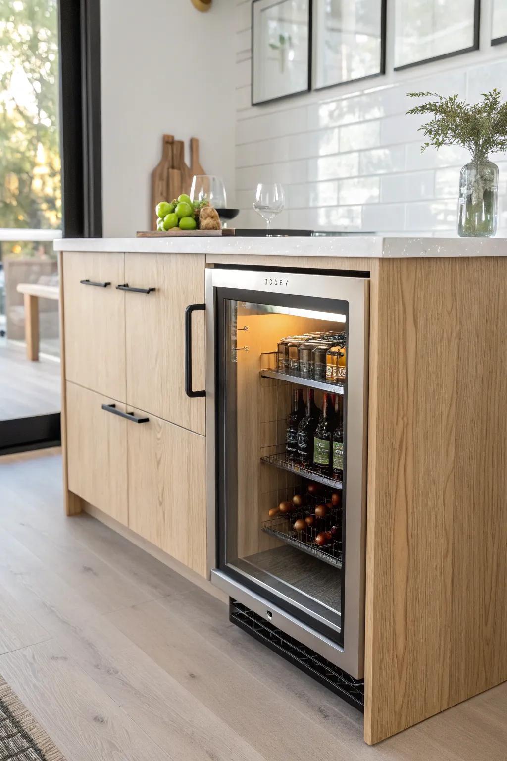 A dedicated beverage cooler slot with crisp oak reveals makes your back bar feel truly custom.