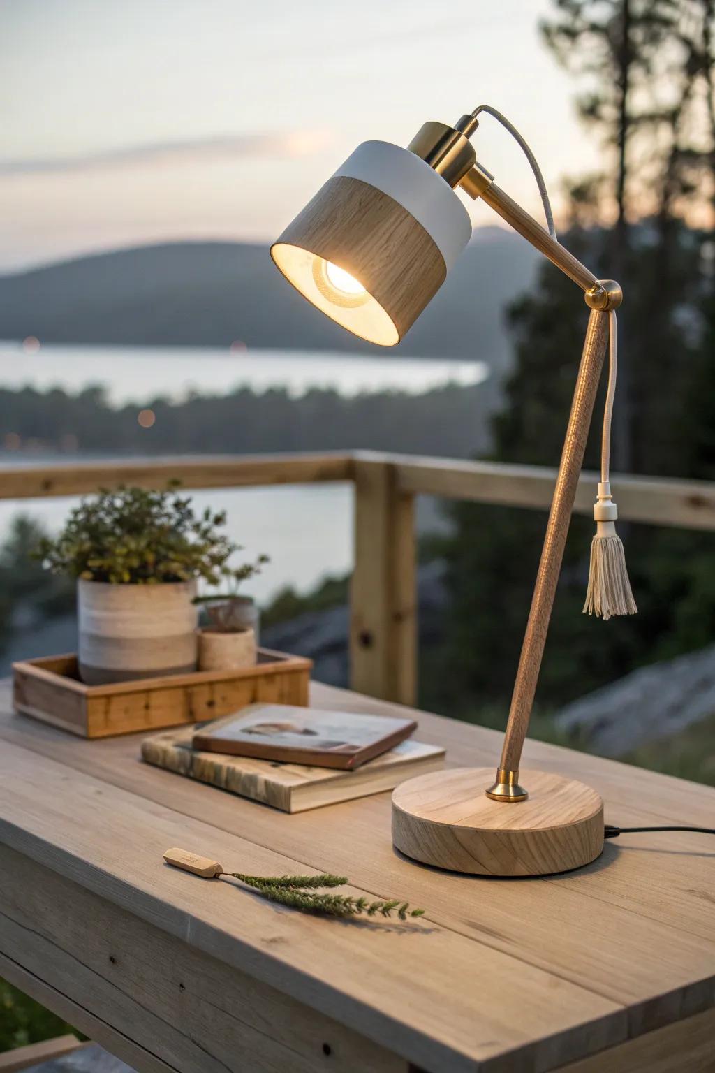Soft evening task lighting: warm glow that highlights wood grain and eases eye strain.
