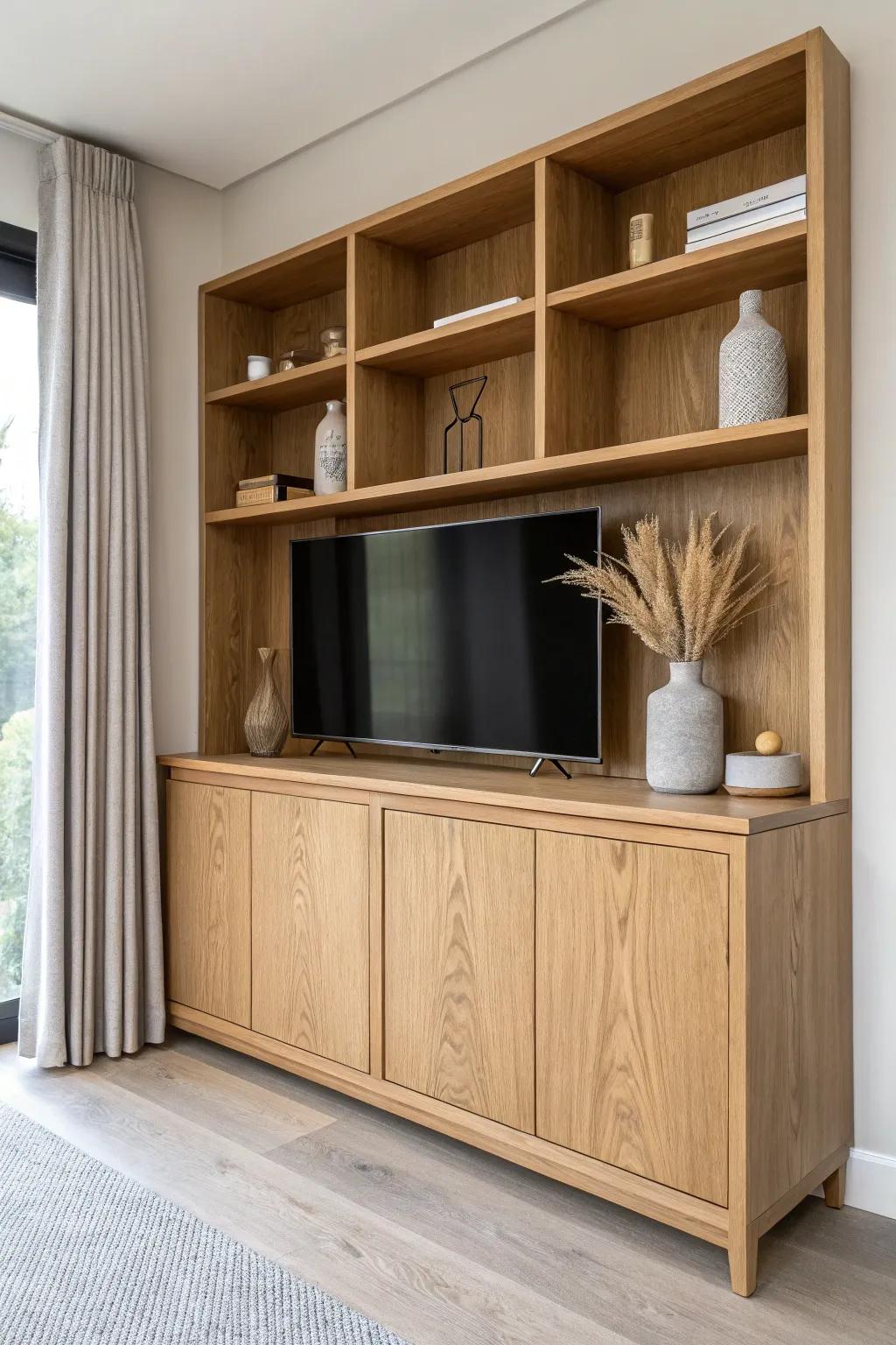 Asymmetrical oak shelves with sleek closed bases—modern display up top, hidden media below.