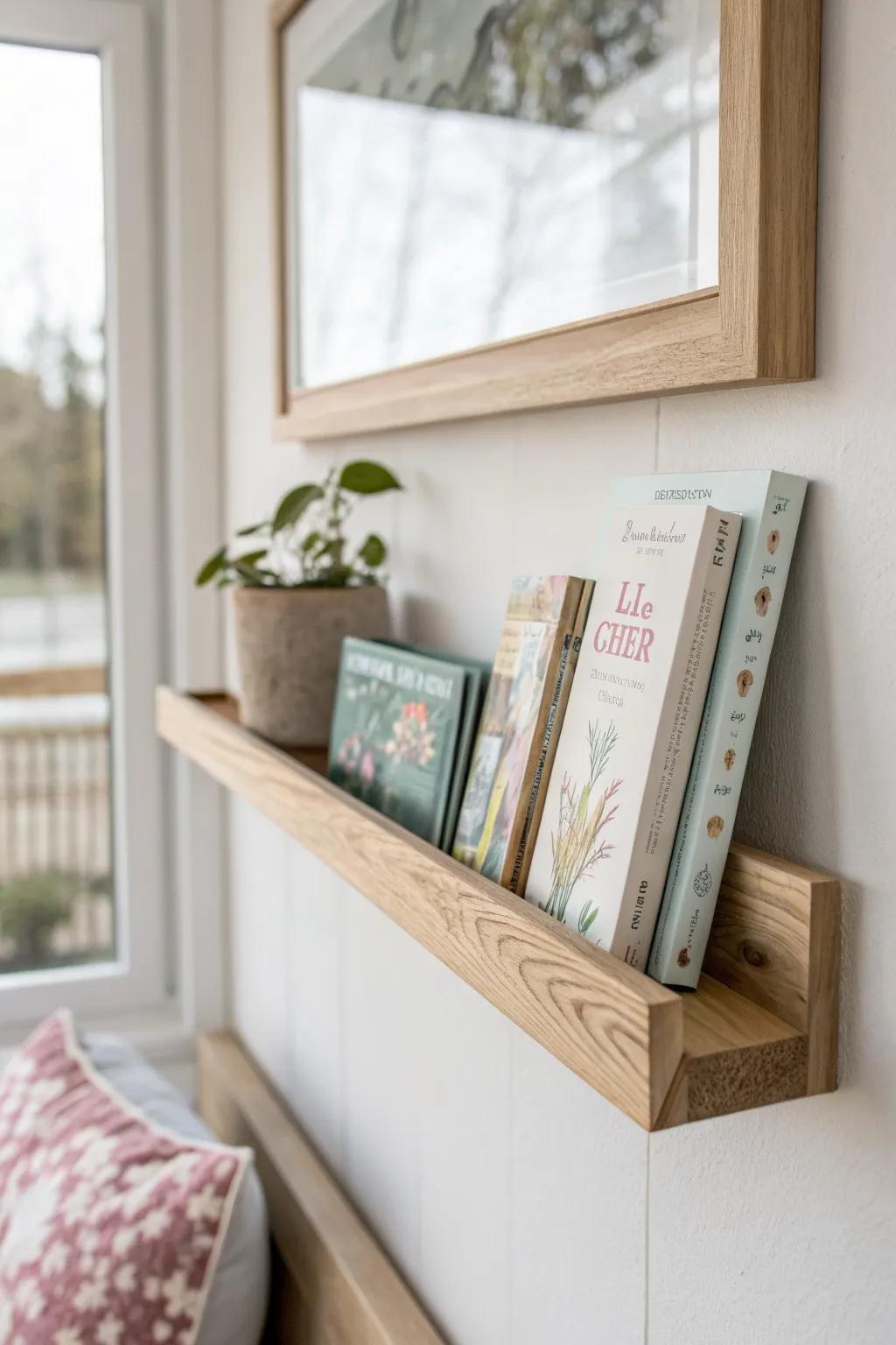 Front-facing book ledges make homeschool reads easy to pick—pretty covers on a simple wood shelf.