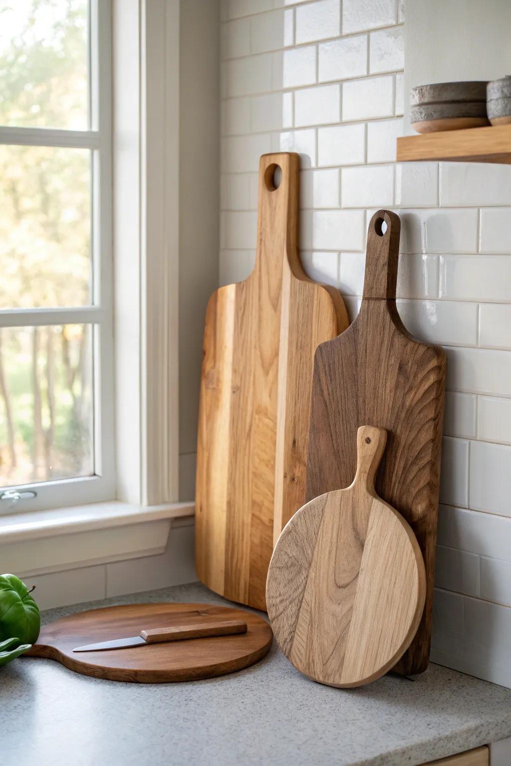 Lean mixed-wood cutting boards against the backsplash for instant cozy, collected kitchen style.