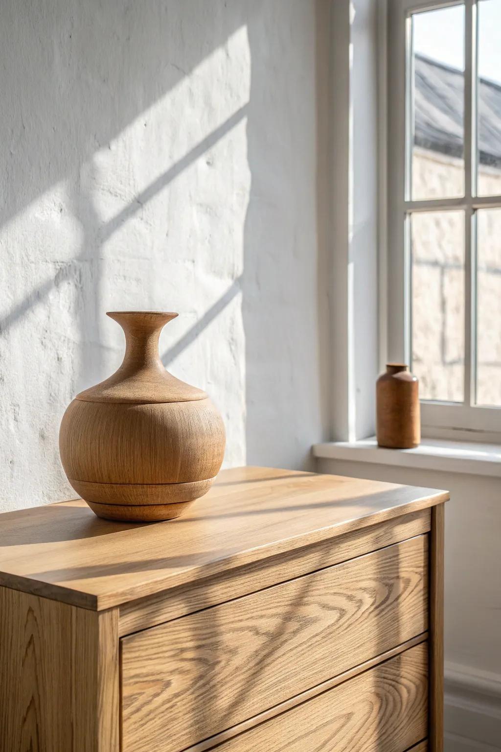 Let one handcrafted wood vase shine—leave a clean strip of dresser top for airy balance.