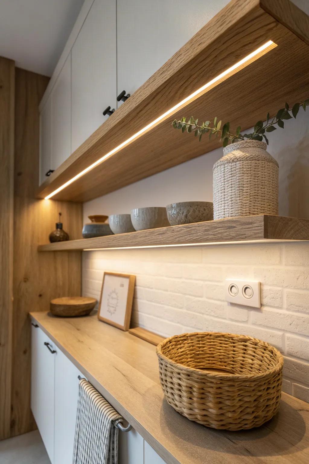 Low-profile under-shelf lights brighten deep pantry shelves so nothing hides in the back.