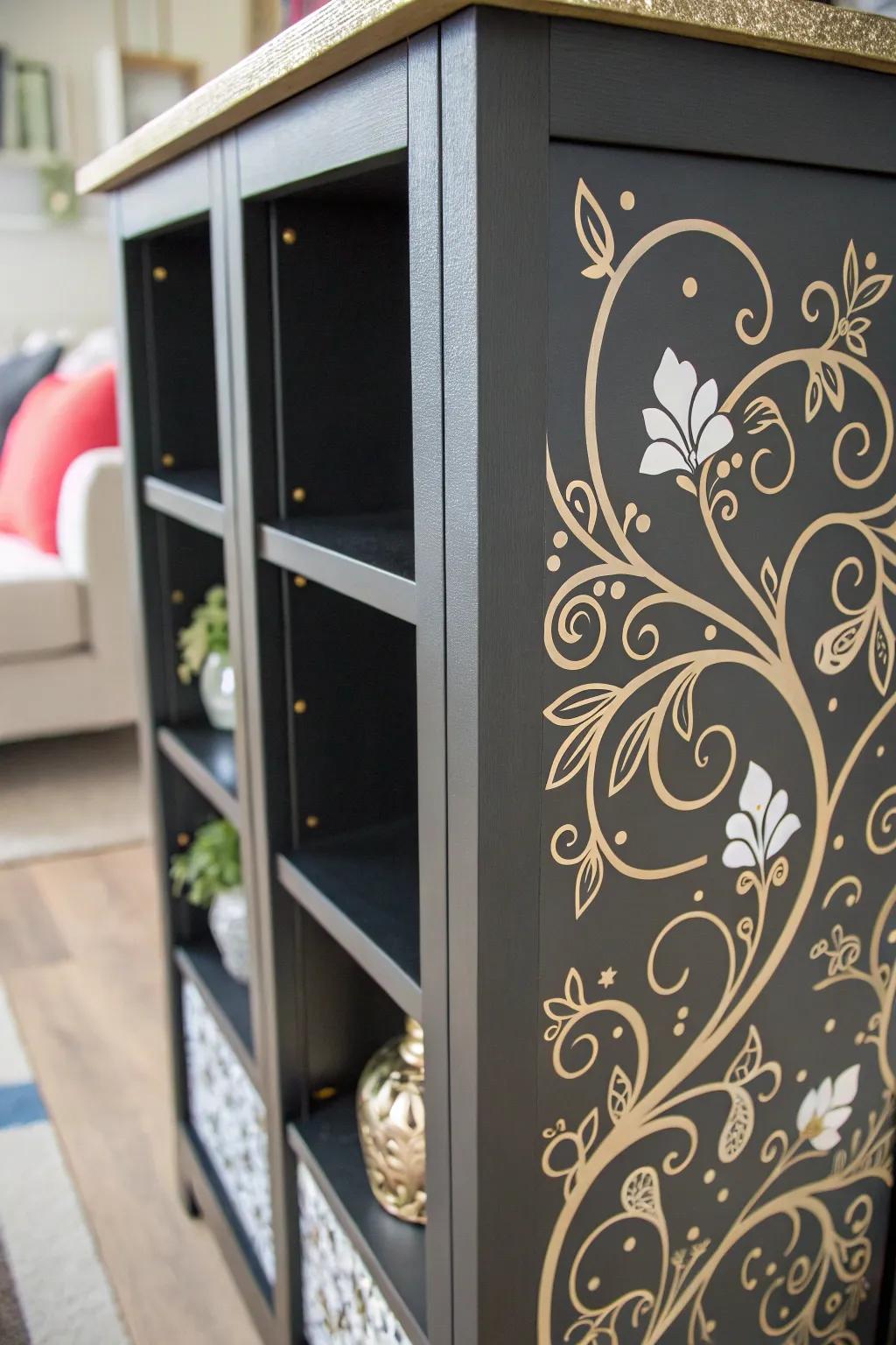 Transform your Kallax with intricate stenciled designs for a touch of elegance and personalization.