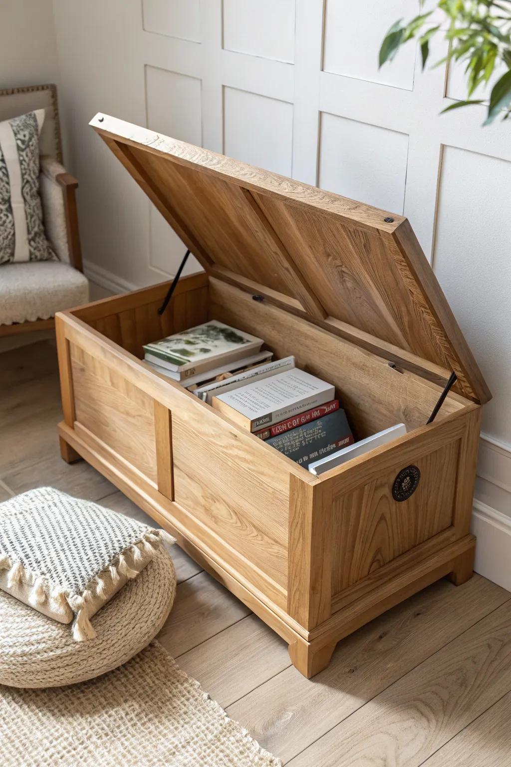 Handcrafted lift-top bench: hidden book storage with Scandinavian warmth and boho ease.