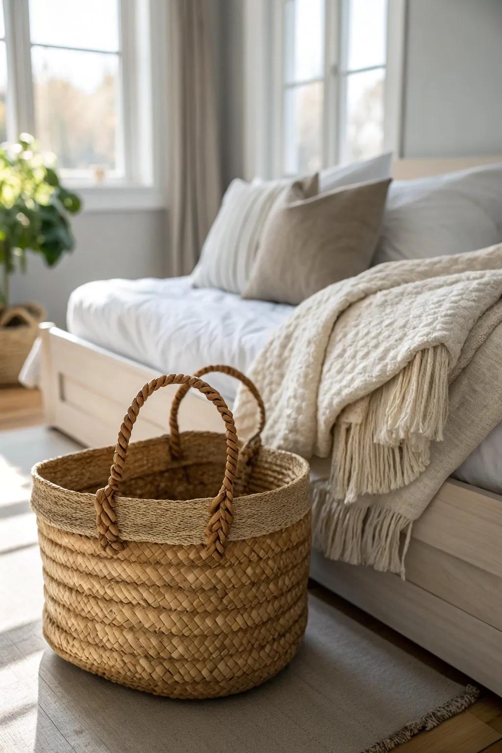 A woven basket at the foot of a sleigh bed adds texture, warmth, and tidy throw storage.