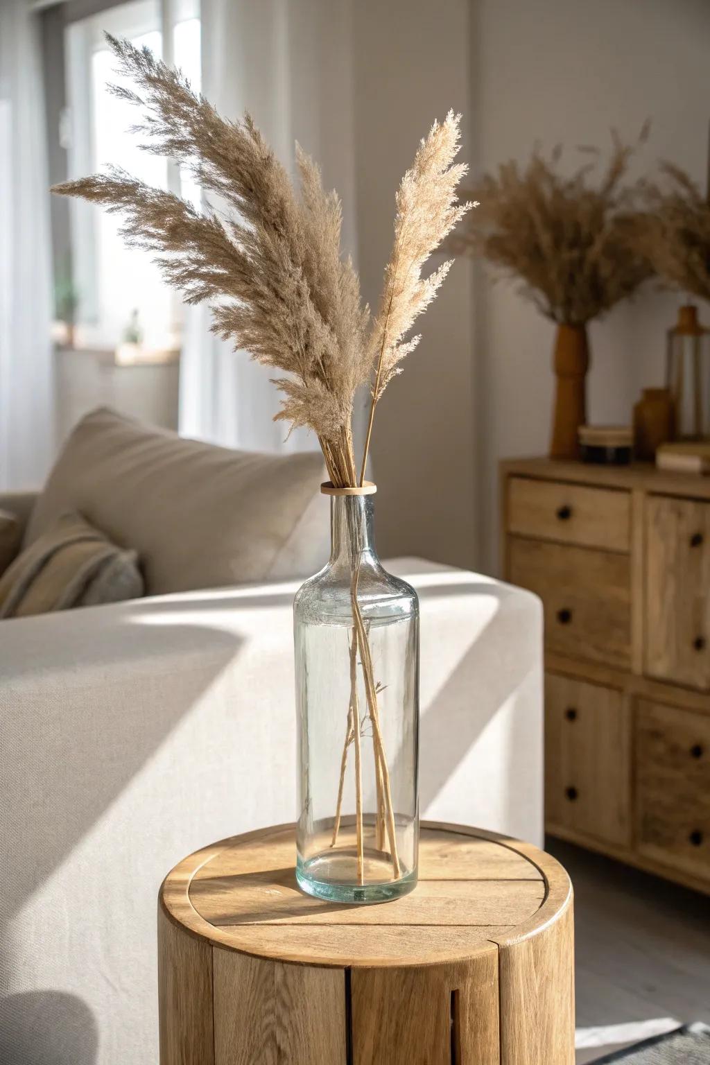 Quiet hygge drama: dried branches in a simple vase, elevated by a handmade oak stand.