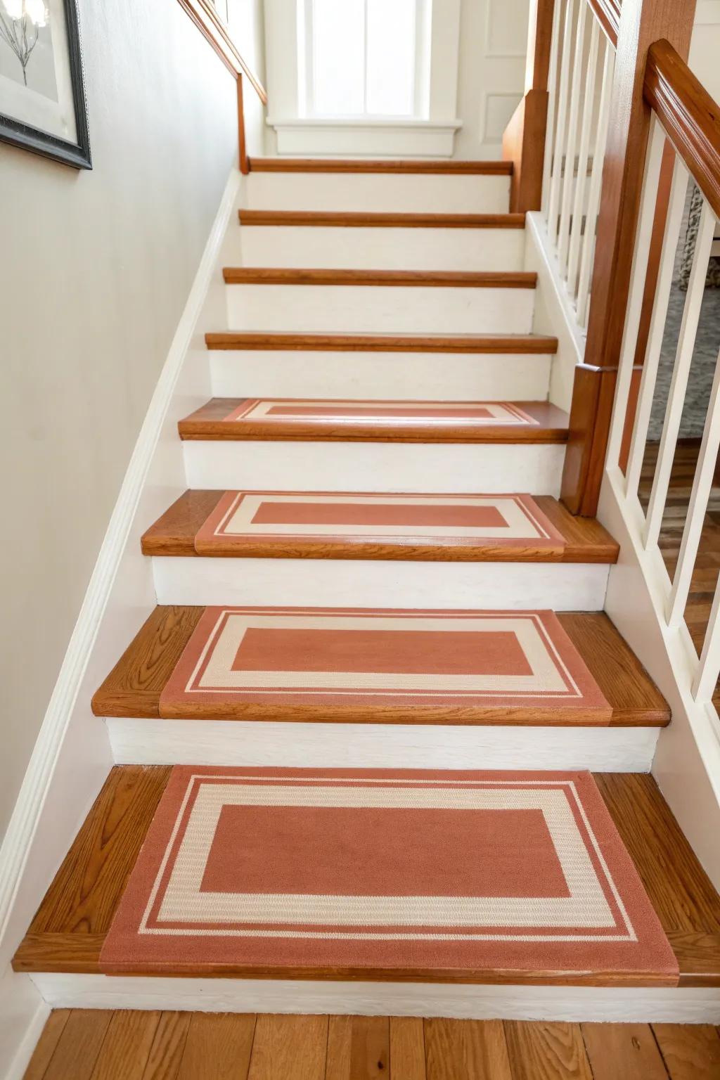 A bold painted border frames the landing like a rug—making the top step feel wider.