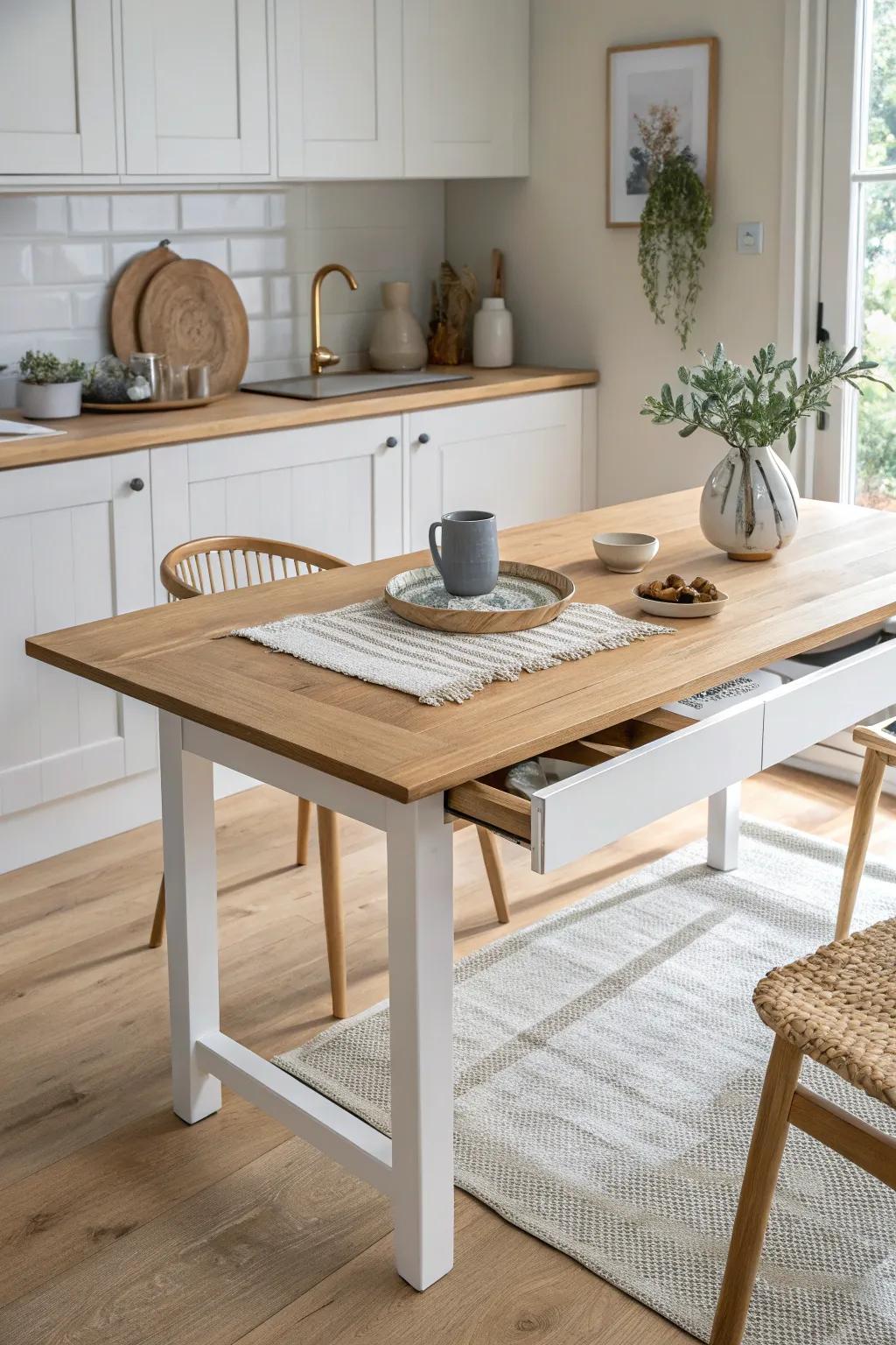 A sleek pull-out oak table hidden in base cabinets—perfect for small-kitchen breakfast moments.