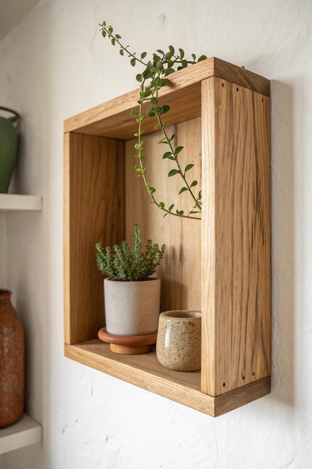 A light oak box shelf that keeps small treasures tidy—plants, ceramics, and calm negative space.
