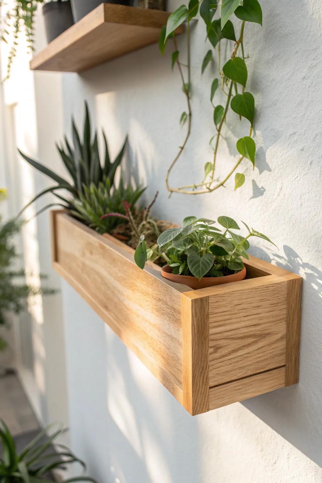 A floating oak shelf with a built-in planter box—minimal, tidy, and perfect for trailing greens.