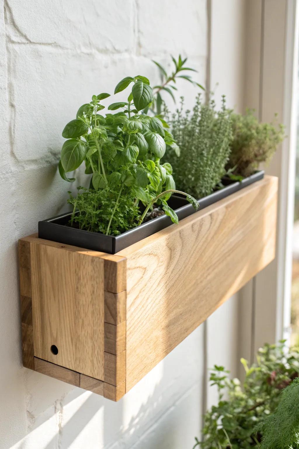 Space-saving wall herb box: shallow oak craftsmanship with a drip-safe removable liner.