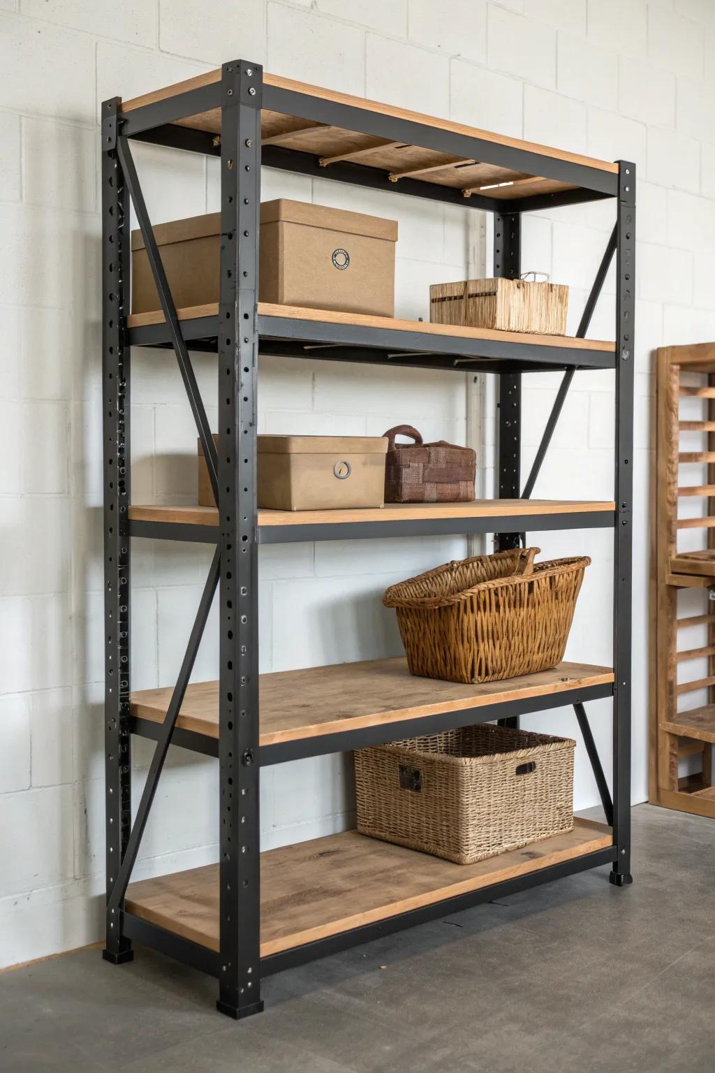 Heavy-duty garage shelving with thick wood and steel—clean, labeled storage that lasts.