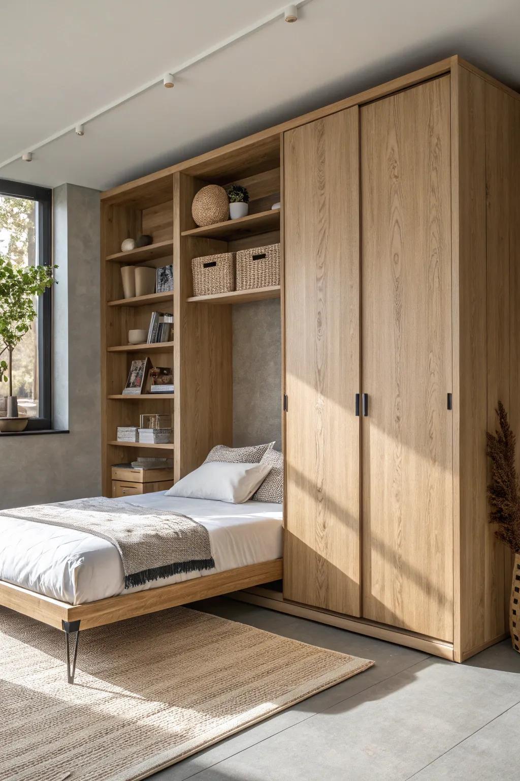 Space-saving wall bed in pale oak with cubby shelving—guest-ready, calm, and beautifully minimal.