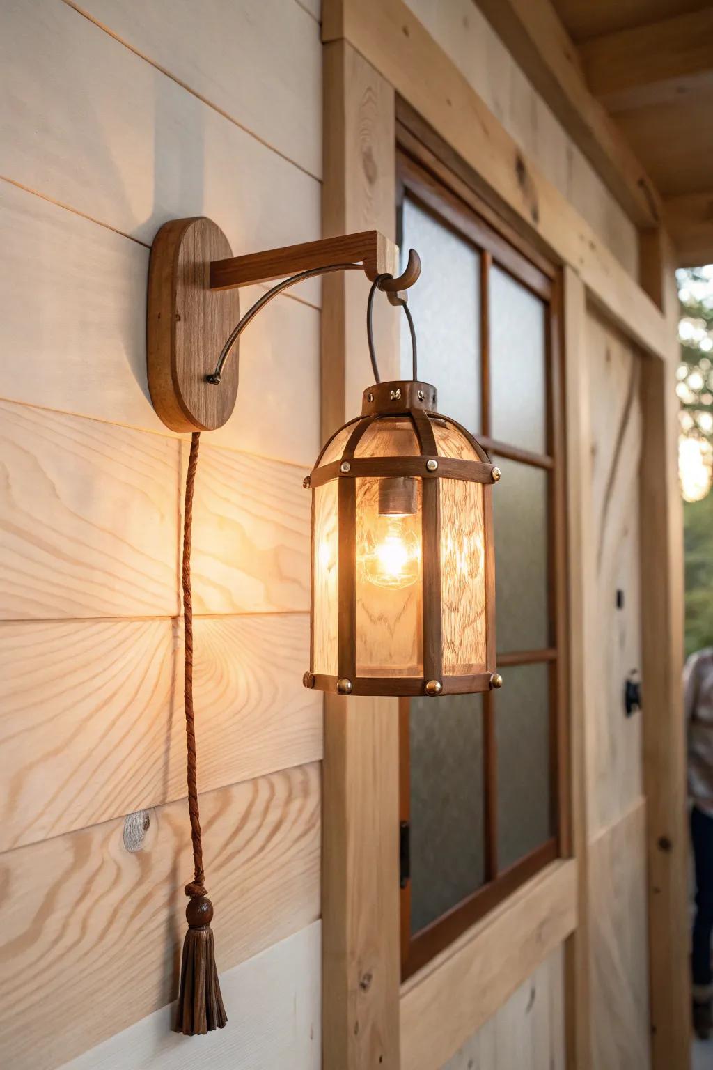 A warm lantern-style sconce turns a simple treehouse wall into a cozy hideaway.