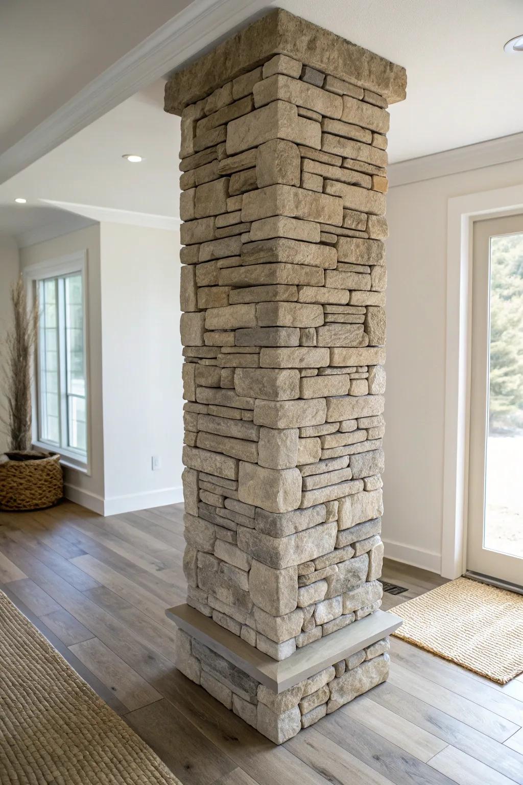Stacked stone veneer wrap turns a plain lally column into a warm, sculptural focal point.