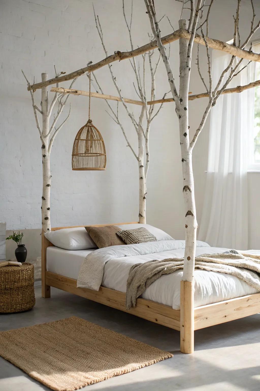 A birch-branch canopy look that turns a simple bed frame into a calm forest nook.