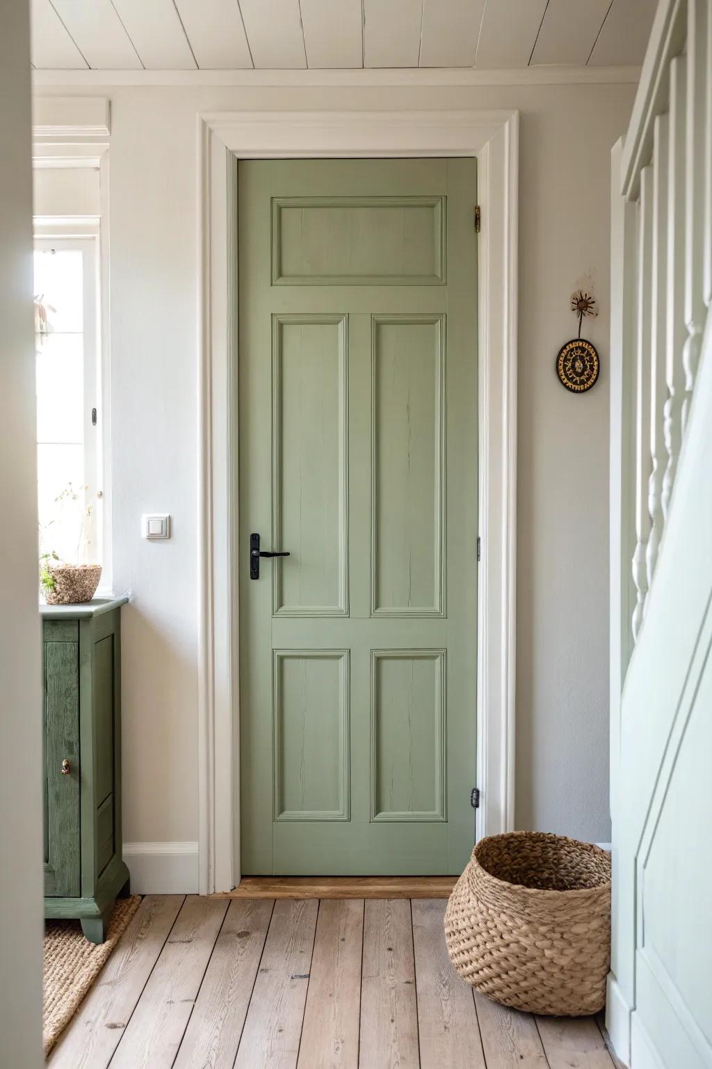 Matte sage green door + creamy trim—earthy warmth that makes every patch feel charming.