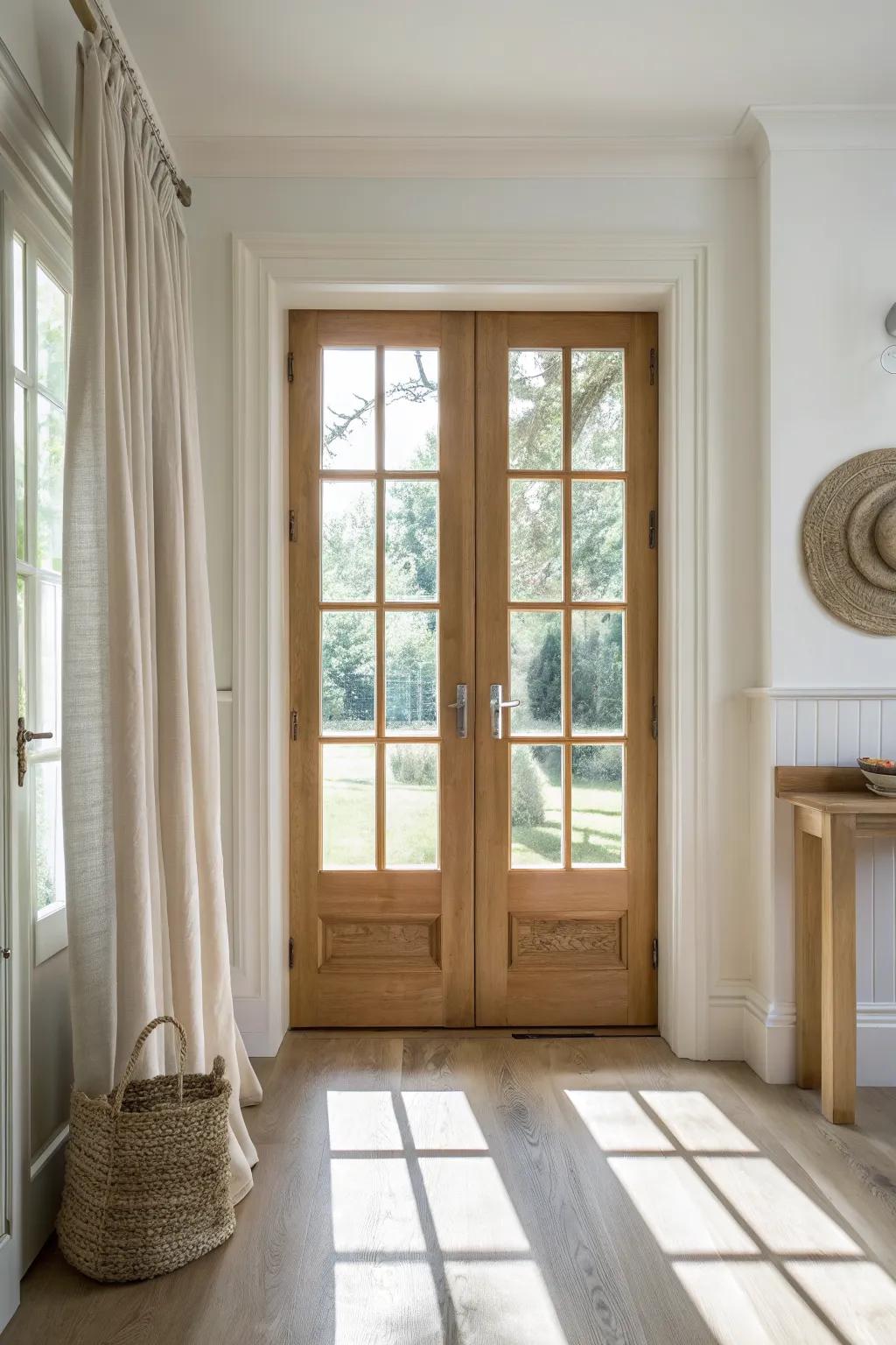 A transom window above French doors adds height, light, and a timeless architectural touch.