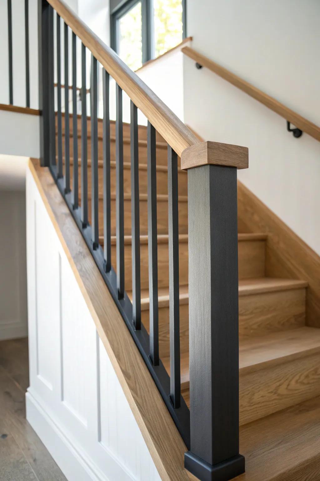 Moody painted railing meets natural oak treads for a warm, modern contrast.