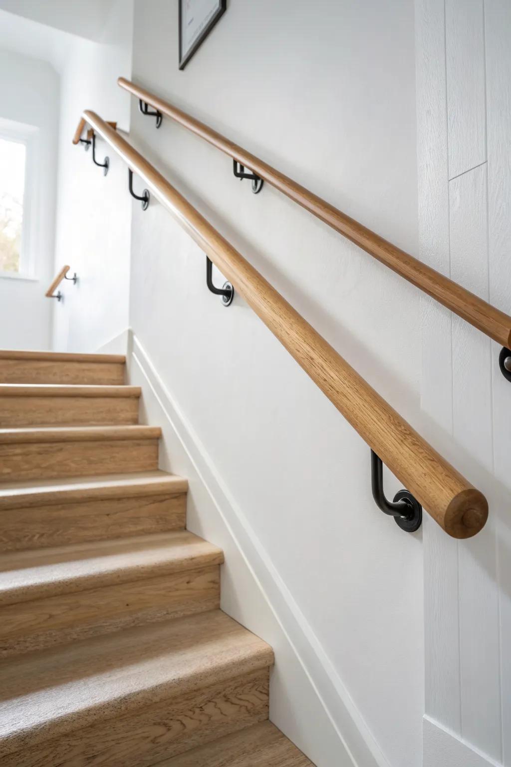 Two-height double oak handrails—sleek, kid-friendly stability in a minimalist Scandinavian stairwell.