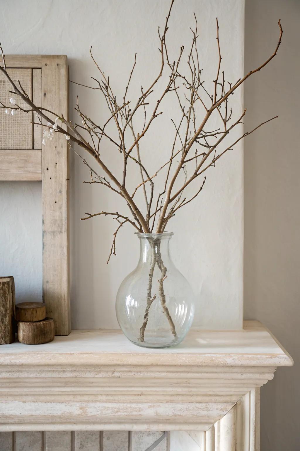 Snow-dusted whitewashed branches in a glass vase—an airy, minimalist January mantel moment.
