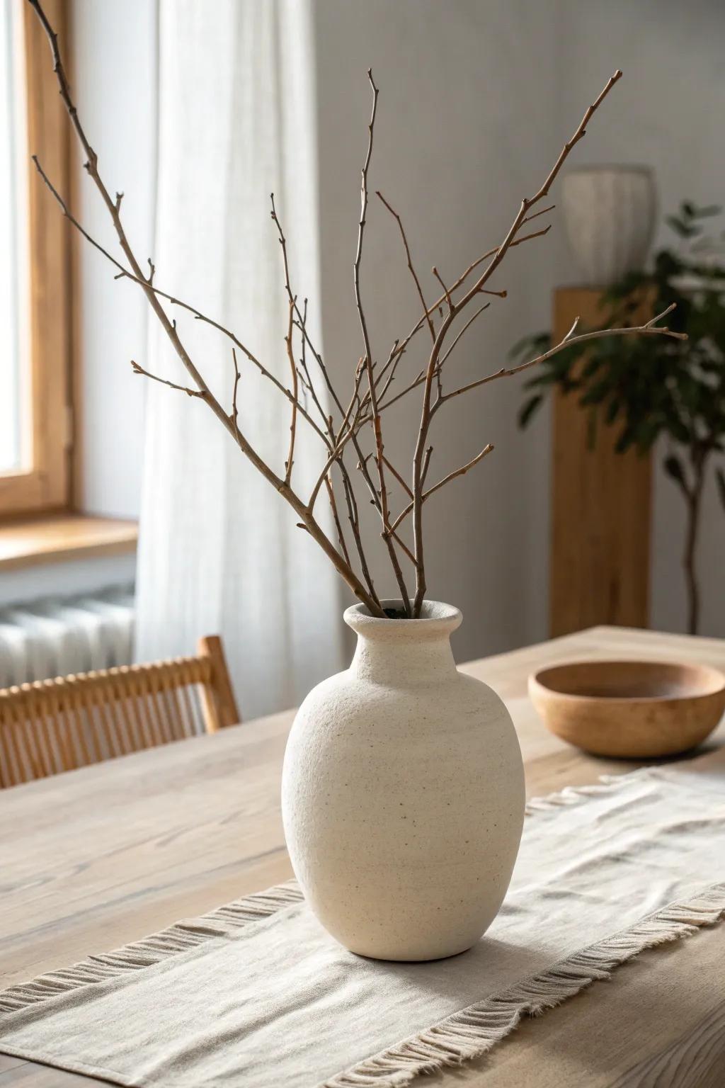 Sculptural dried branches in a simple clay vase—quiet Japandi drama for your table.