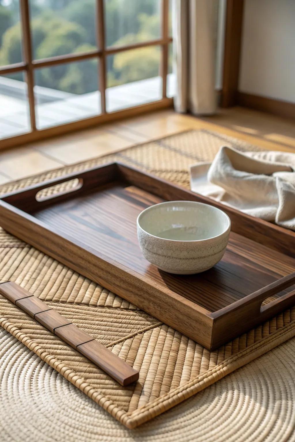 Layer bamboo weave under a wood tray for a calm Japanese look with cozy texture and contrast.