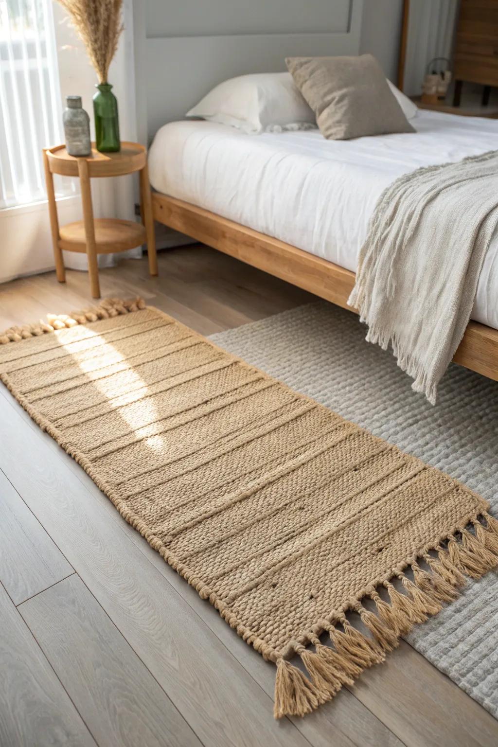 A jute runner beside the bed adds cozy texture and warm contrast to small bedrooms.