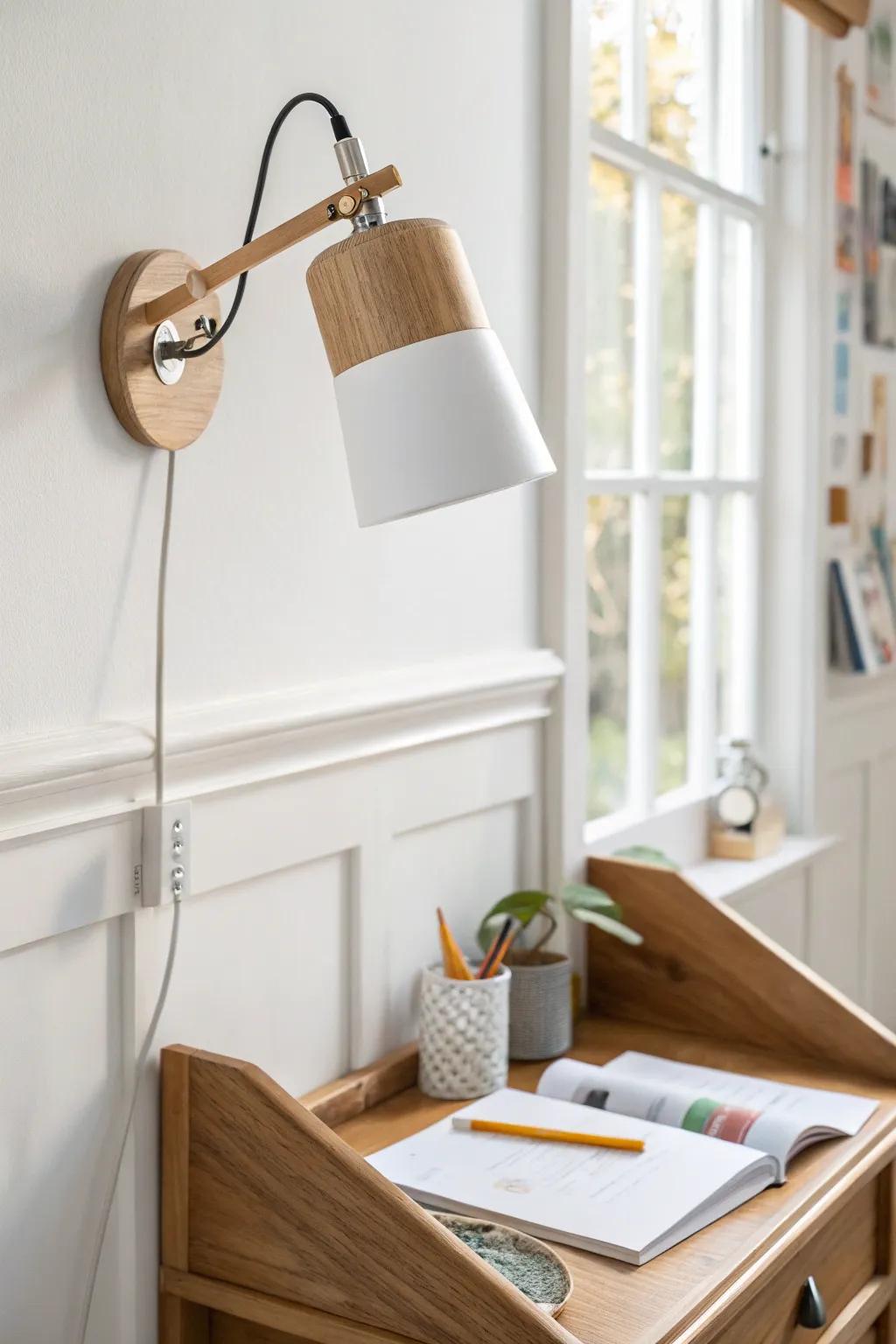 Space-saving wall sconce: warm, focused light for homework without taking desk space.