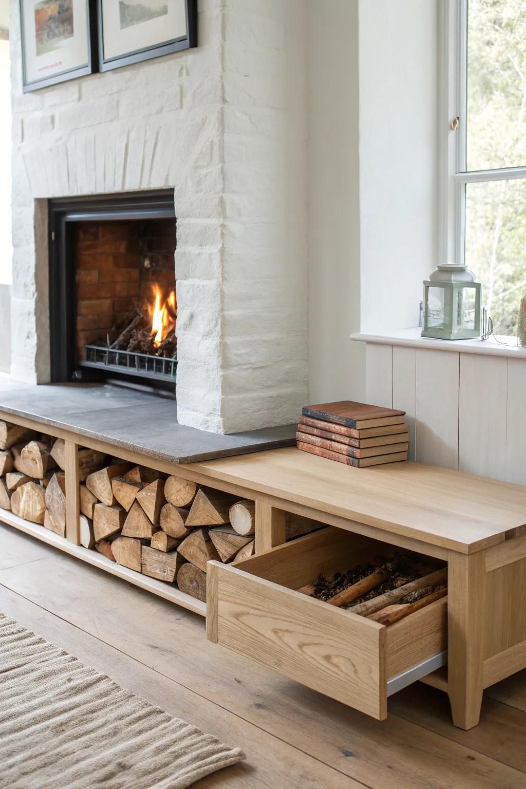 A hidden pull-out drawer keeps kindling tidy—smooth, satisfying, and beautifully minimal.