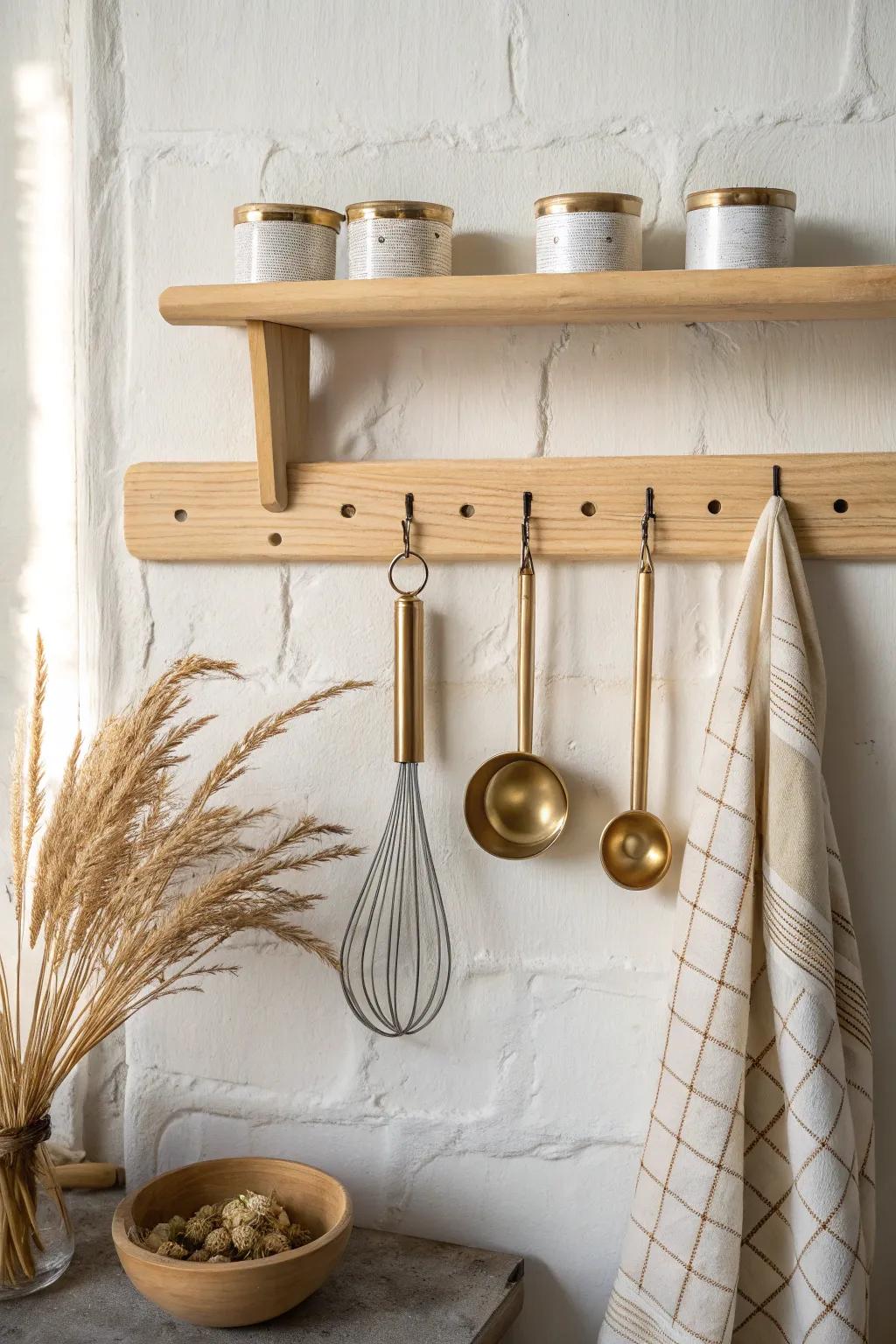 A wood-framed peg rail keeps baking tools beautifully in reach—minimal, warm, and practical.
