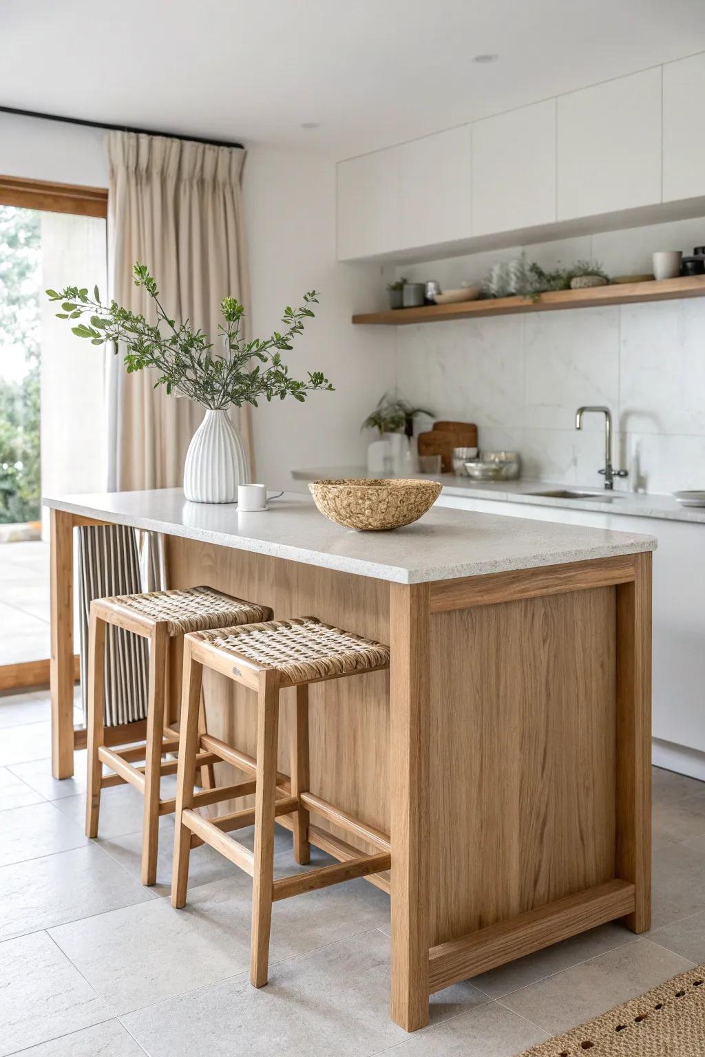 A slim oak bar island with a clean overhang—perfect seating and prep space for tight kitchens.
