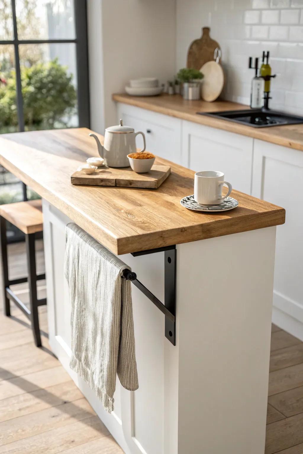 Galley-kitchen end-cap bar top: a simple oak extension that fits two stools beautifully.