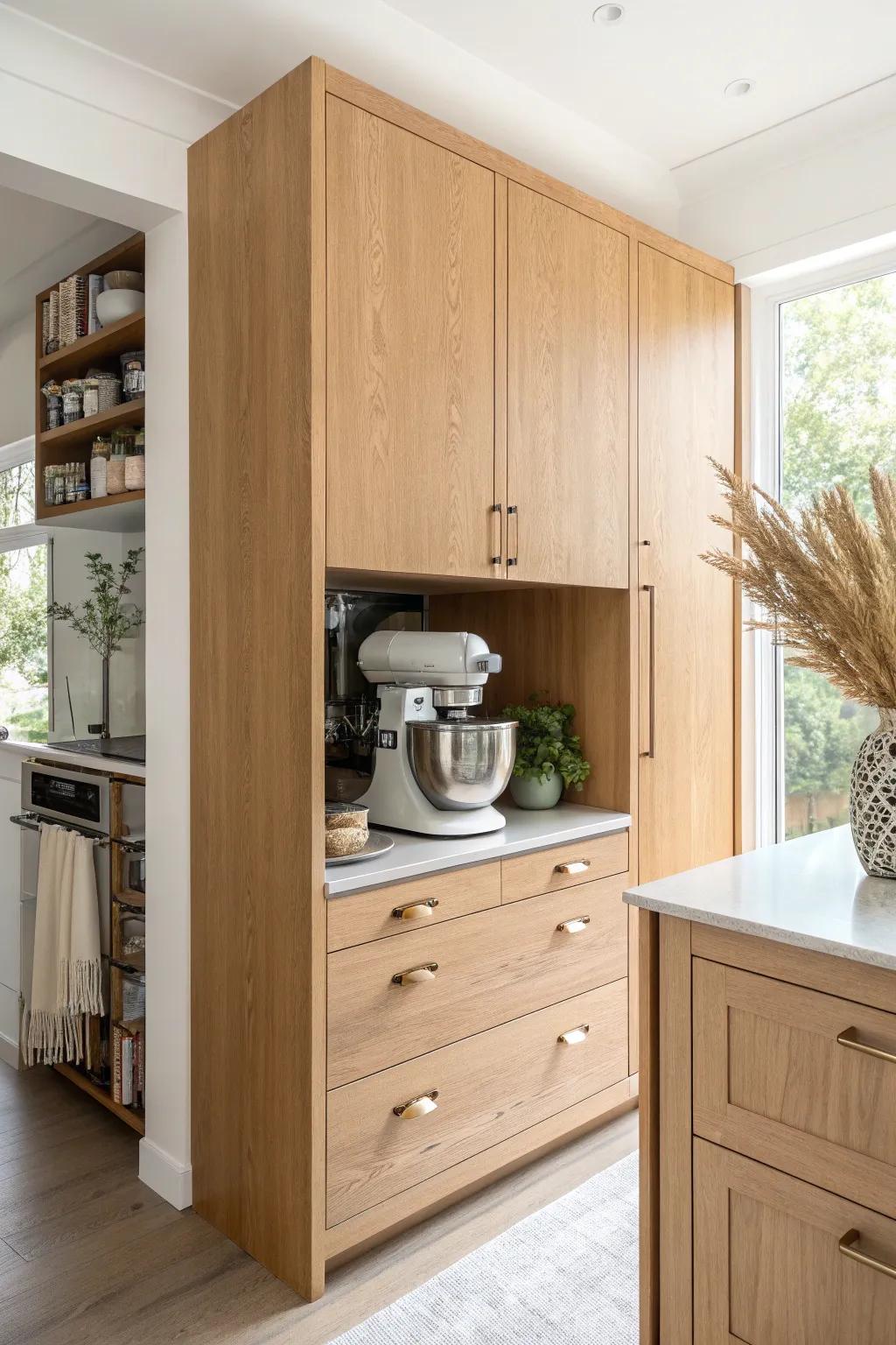 A tall built-in appliance tower with a pull-out tray keeps mixers easy to use and counters clear.