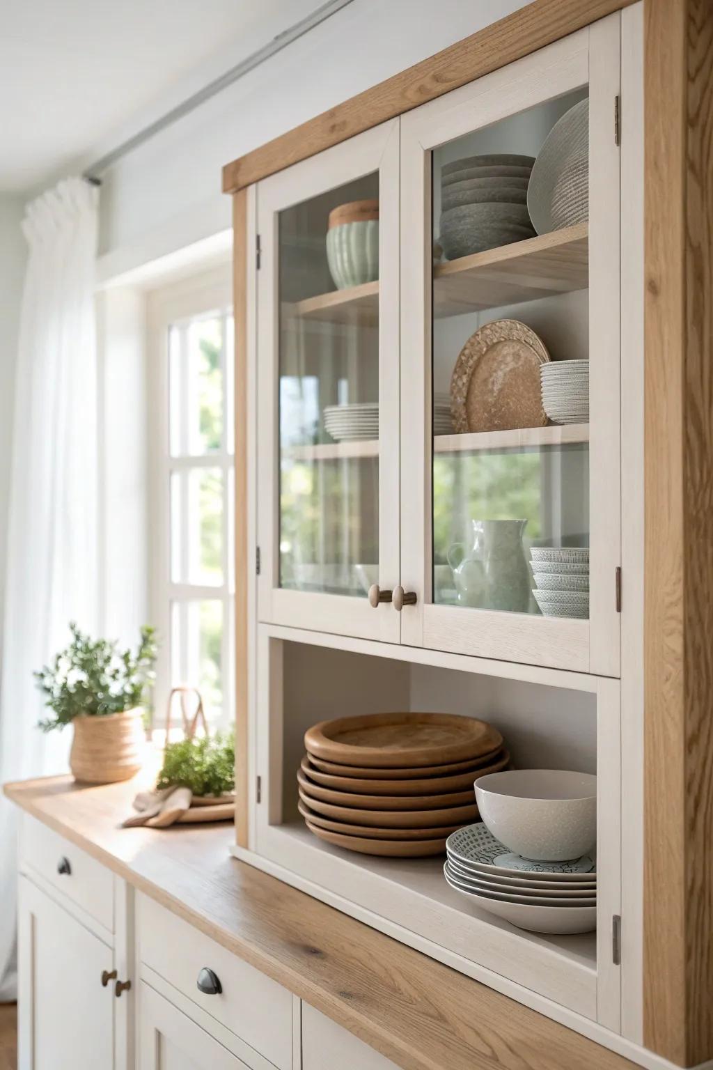 Turn pretty plates into a mini gallery—wood ledges keep them upright behind glass doors.