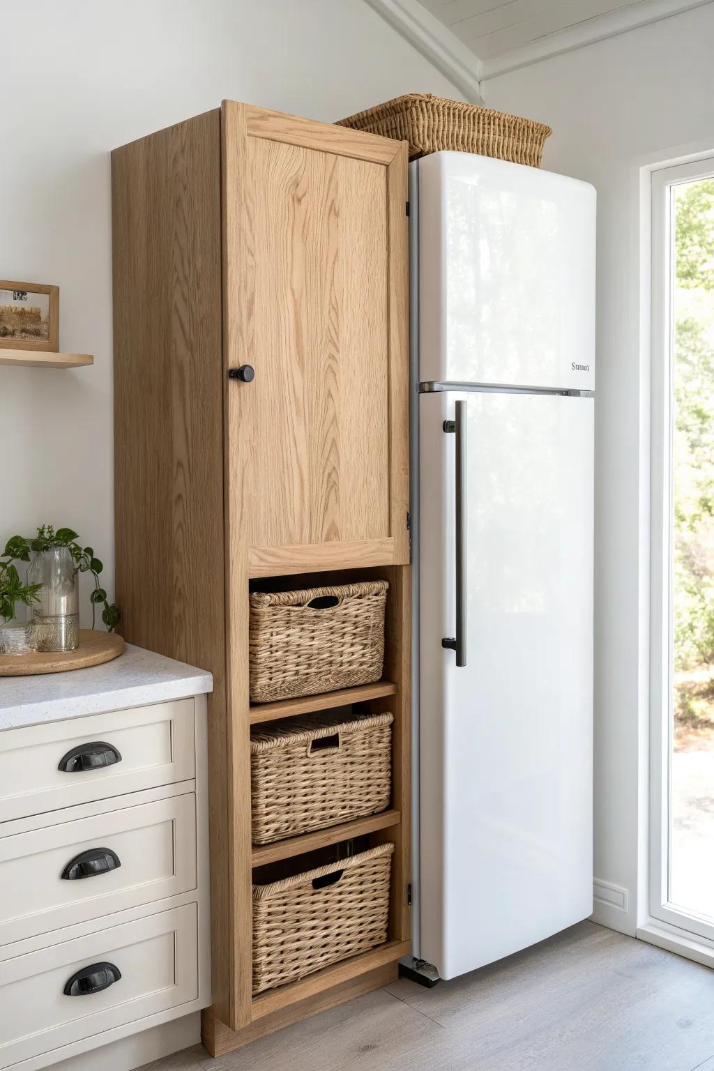 Turn the gap above your fridge into a sleek oak cabinet for snacks, paper goods, and extras.