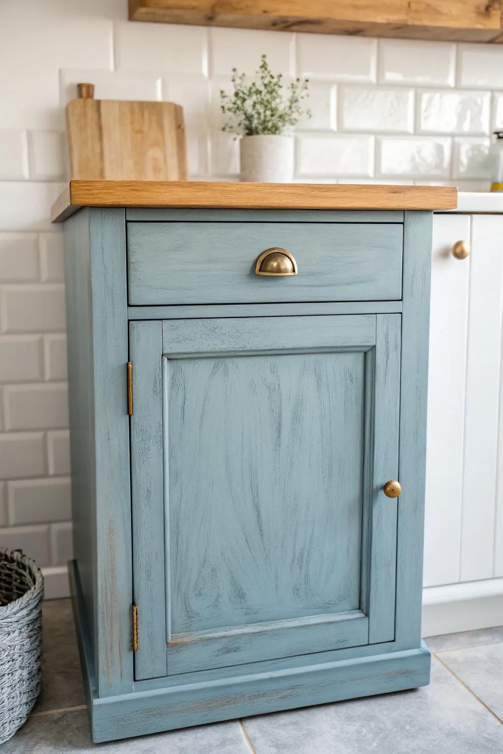 Dusty blue cabinets with warm butcher‑block bring soft contrast and a calm, coastal feel.