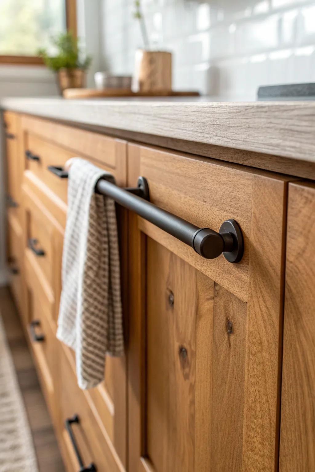 Dark bronze pulls deepen rustic wood tones and let the grain look richer and grounded.