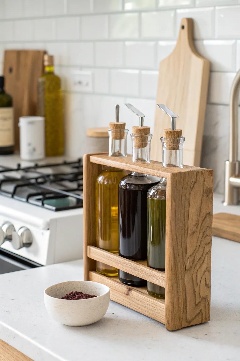 Mini oak shelf keeps oils and vinegars tidy—front lip included to stop spills.