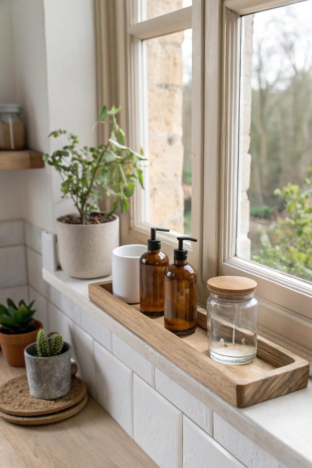 Symmetrical sink-window shelving: light oak, pretty soap bottles, a plant, and jars—simple bliss.