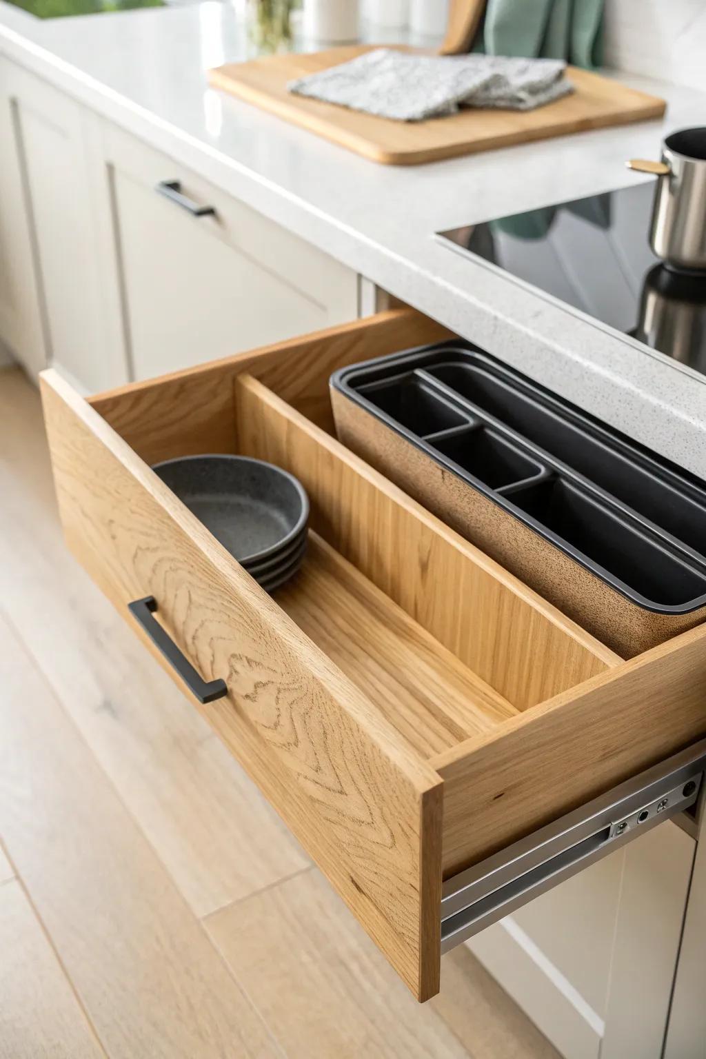 Vertical drawer slots keep baking sheets organized—grab one pan cleanly in seconds.