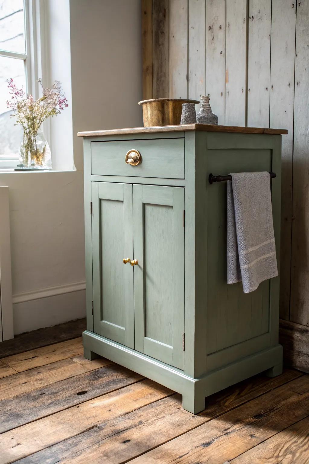 Sage green cabinets meet warm rustic planks for an earthy kitchen that feels lovingly lived-in.