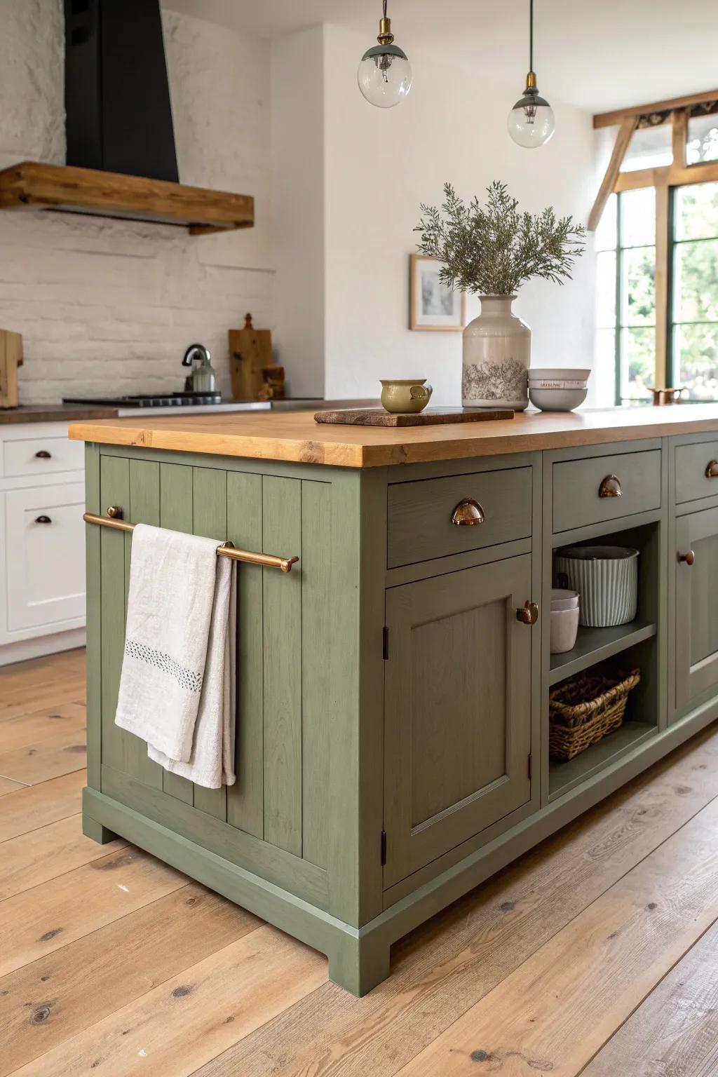 Olive green island + dark hardware: earthy, collected, and perfectly “old house, updated.”