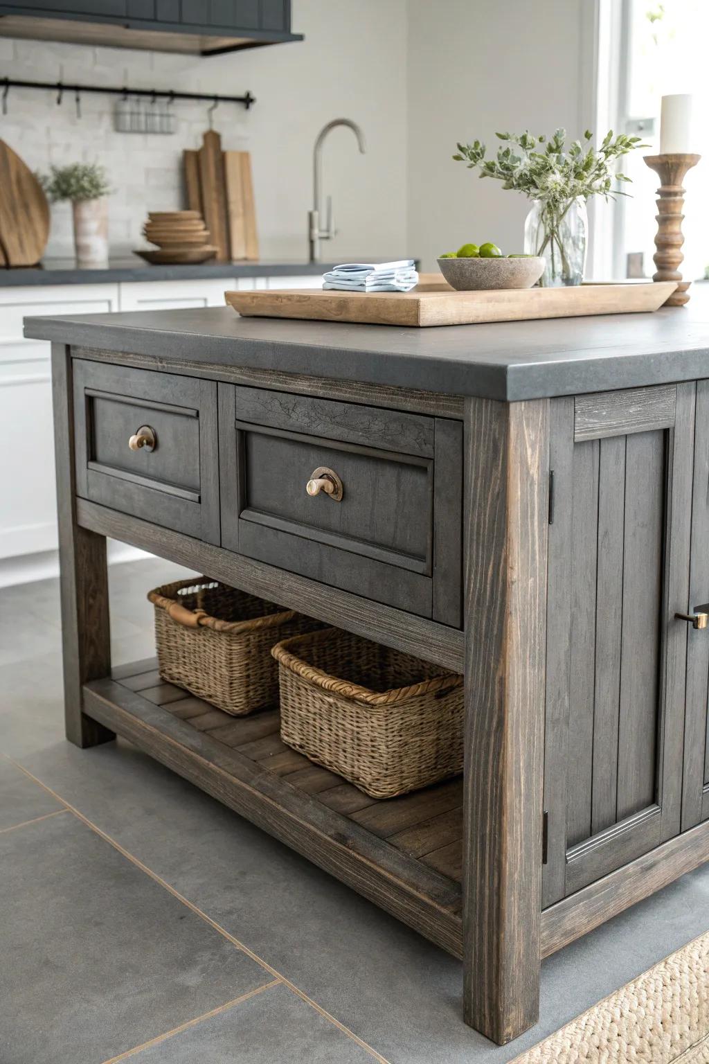 Charcoal-on-charcoal island: matte panels, satin top, and chunky trim for depth.