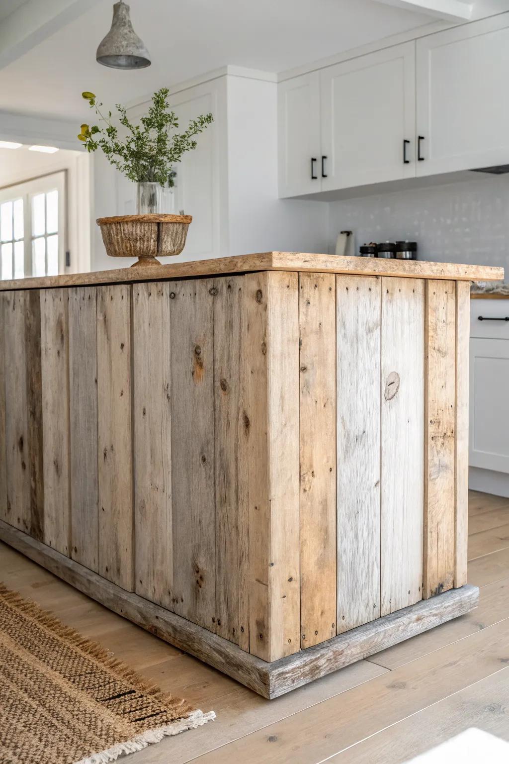 Reclaimed planks wrap the island front for instant rustic character—minimal, warm, and storied.