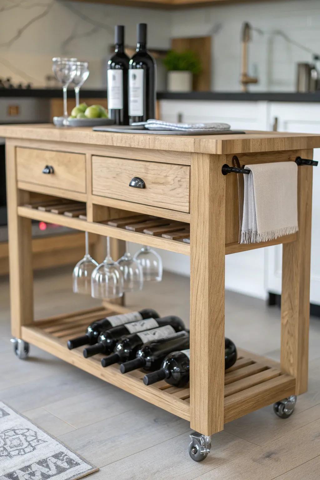 Roll-out island with built-in wine rack & stemware shelf—Scandi clean, ready to entertain.