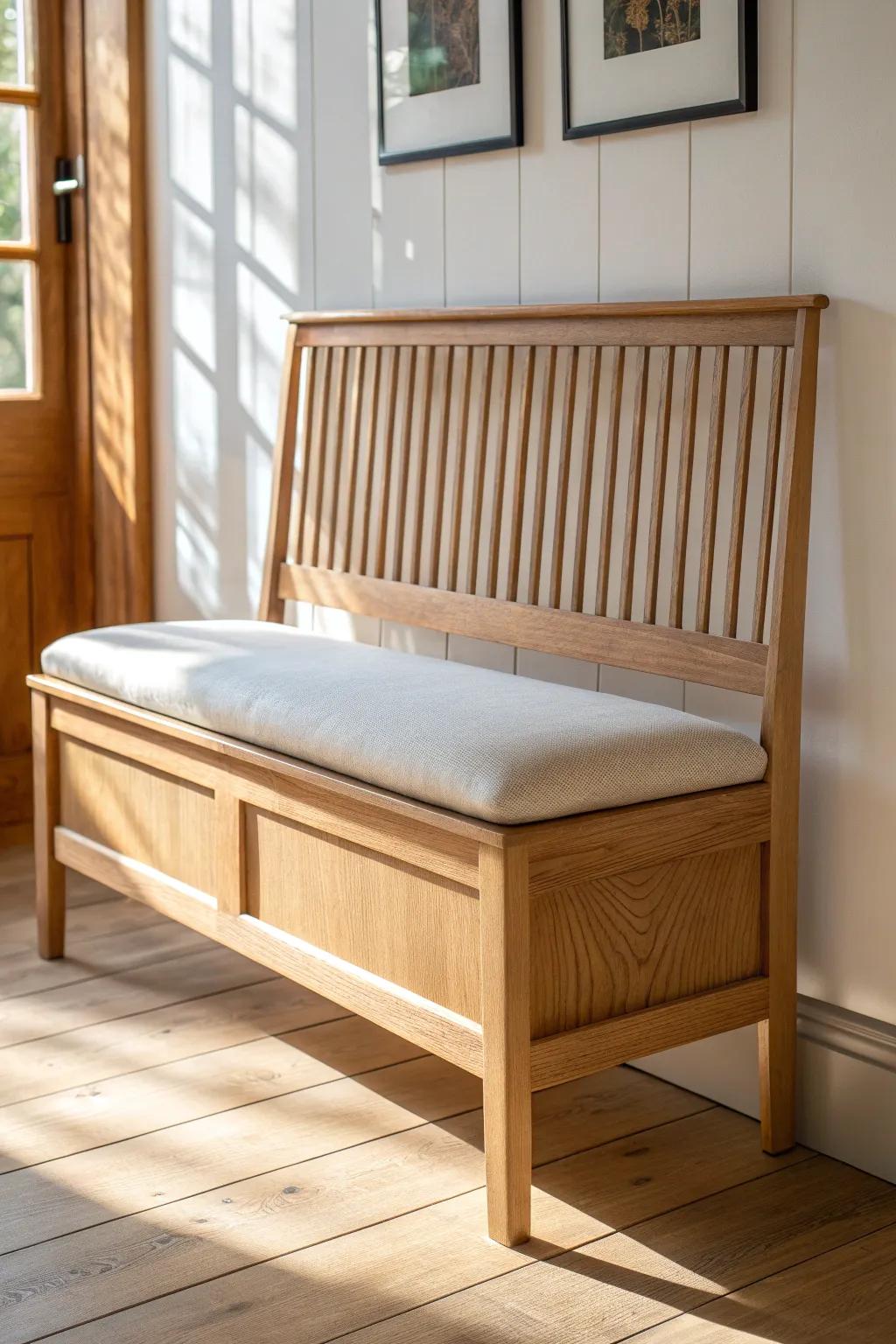 Tall slatted-back nook bench in warm oak—morning light, cozy comfort, and clean craftsmanship.